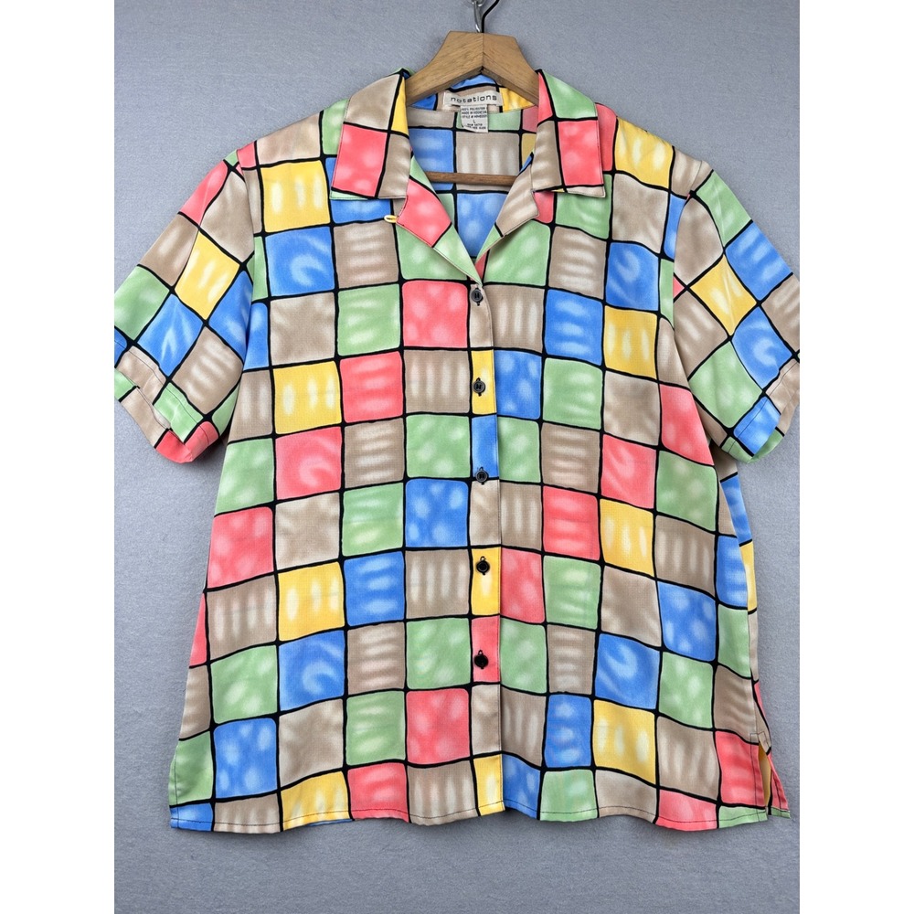 Notations Button Front Shirt Womens L Short Sleeve Geometric Print Retro Vintage